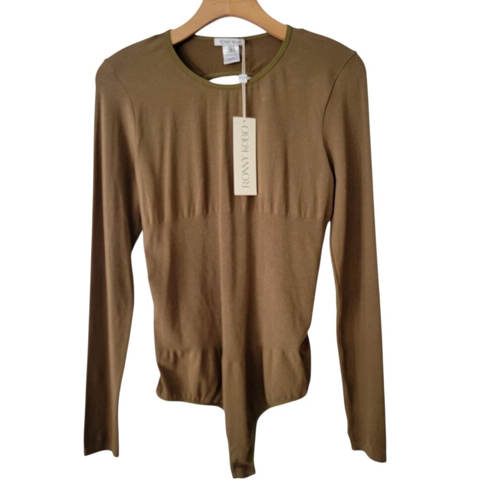 RONNY KOBO Bodysuit Olive Sapphirra Circular Knitโ Cut Out Open Back Size L NWT